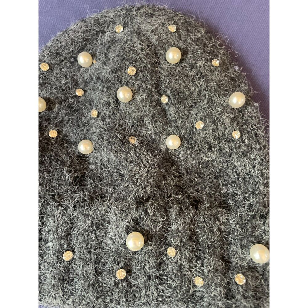 NWT Anthropologie Maeve Gray Embellished Pearl Brushed Knit Beanie Hat Bling OS - Picture 2 of 6